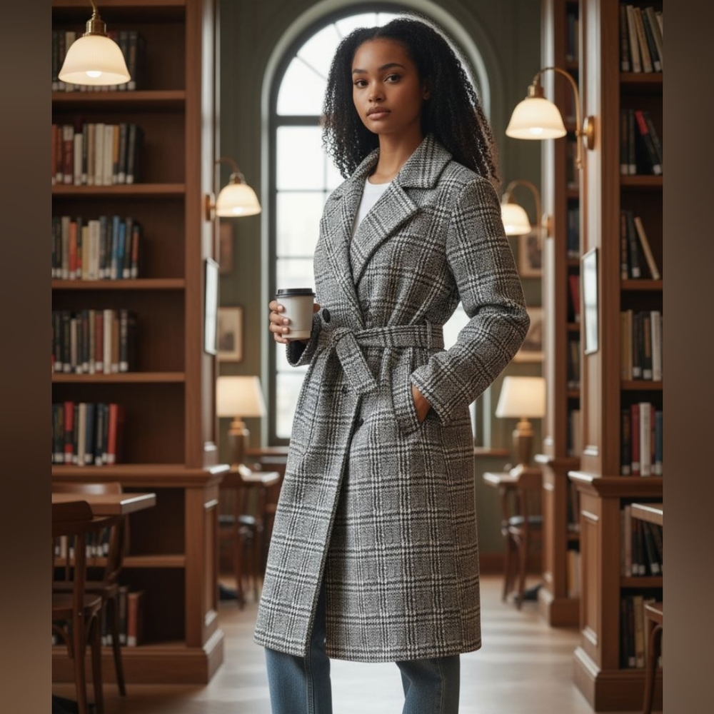 Shinestar Trenchcoat Tweed Black‎ and White Belted Shawl Collar Sz M - Picture 4 of 16